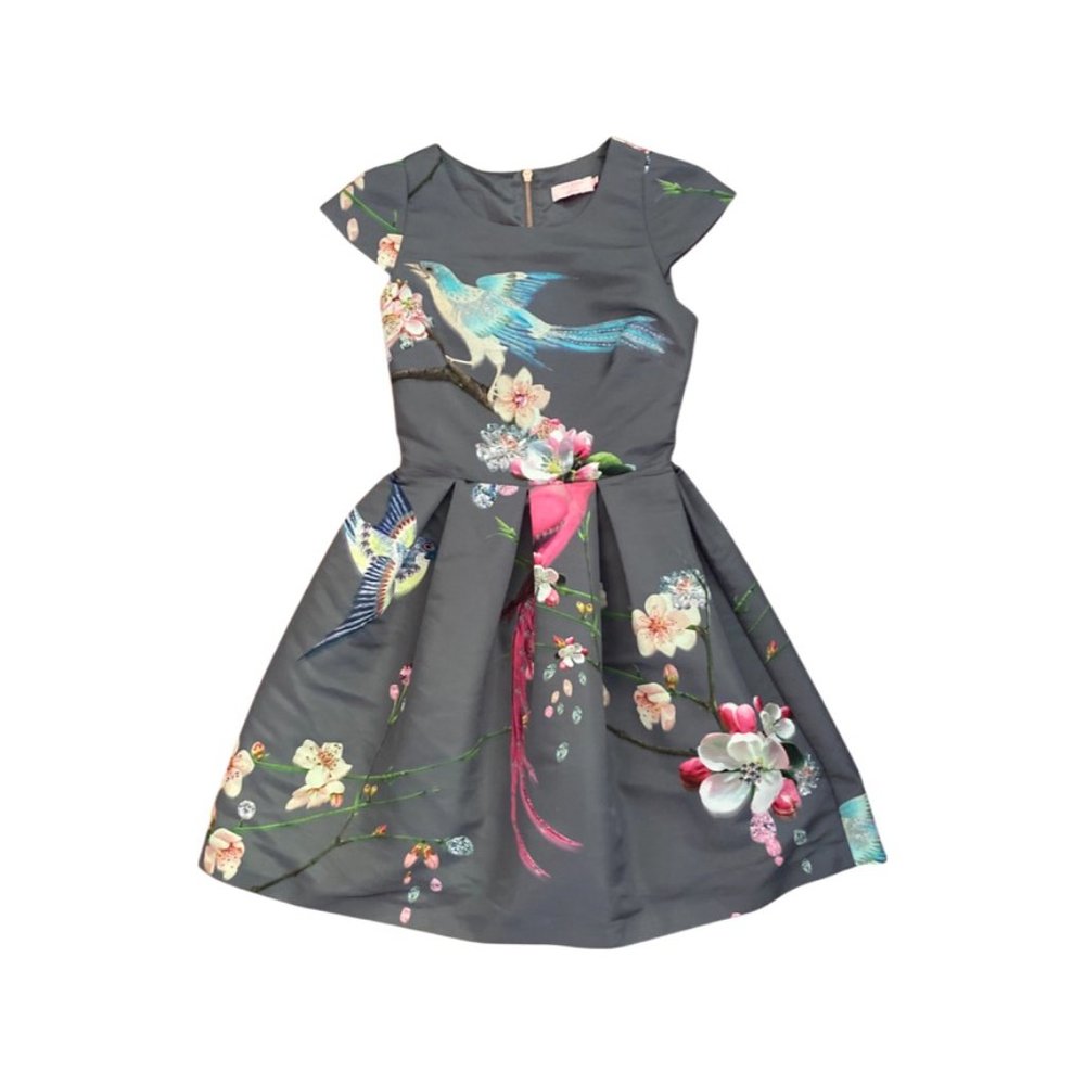 Ted Baker Gray Bir Print Dress Size 0 US size 2 - Picture 3 of 8